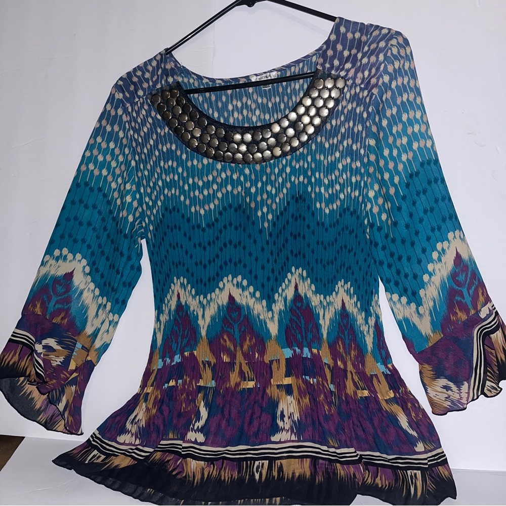 NICOLA Teal and Purple Patterned Blouse